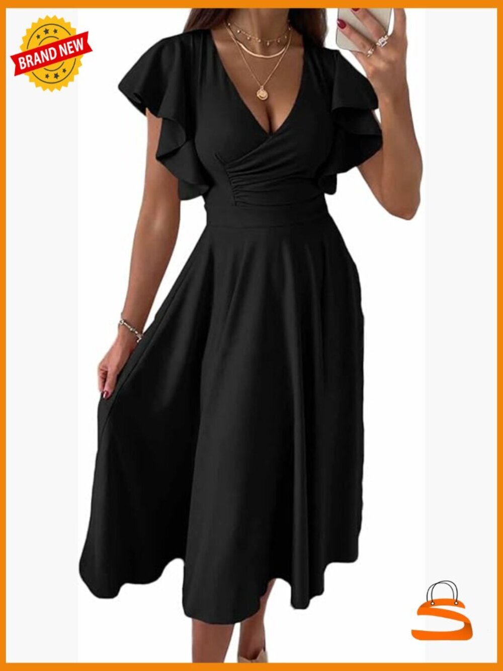 Fit and Flare Midi Dress with Ruffle Cap Sleeves